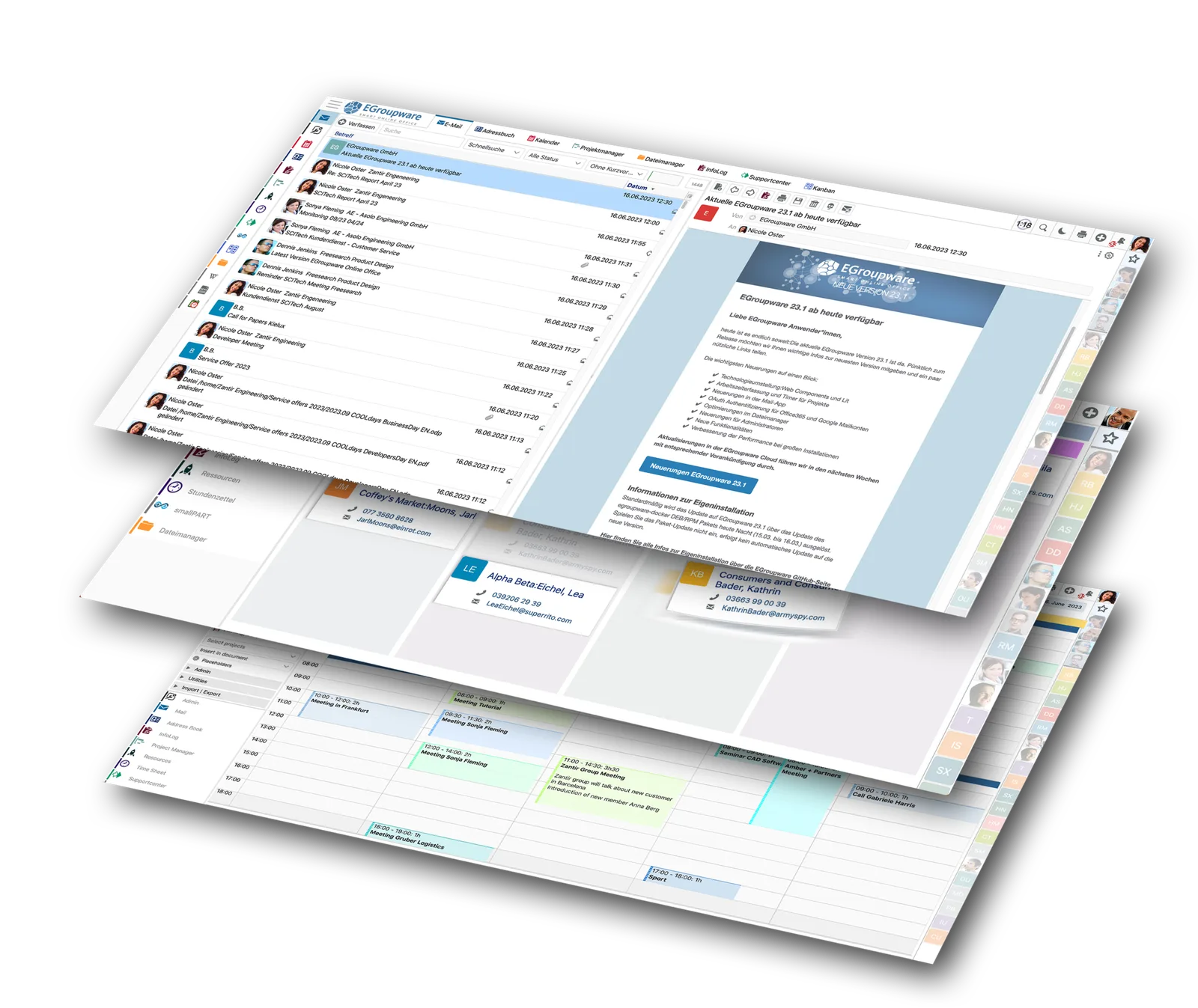 EGroupware Apps Übersicht mit gestapelten Screenshots von Mail, Kalender und weiteren Anwendungen in 3D-Ansicht