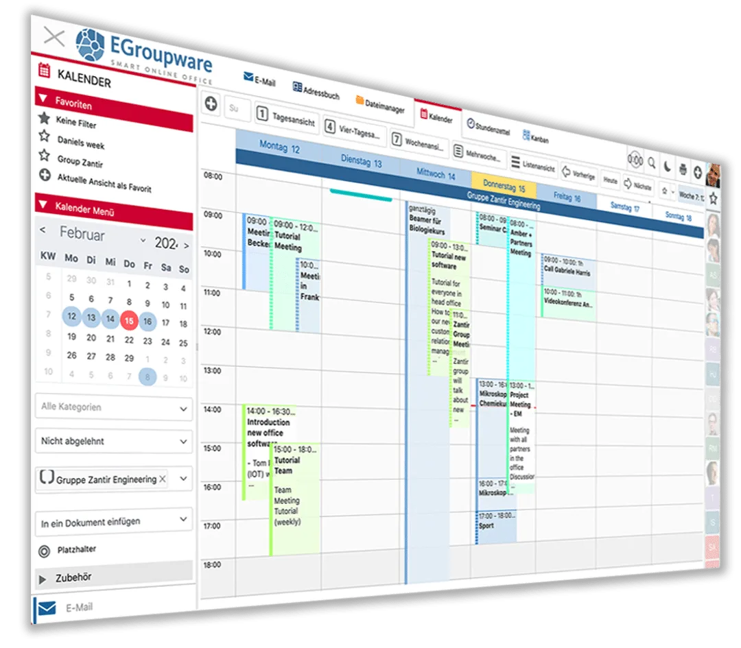 EGroupware Kalender-App in Perspektivansicht mit Wochenübersicht, farblich gekennzeichneten Terminen und Filteroptionen in de