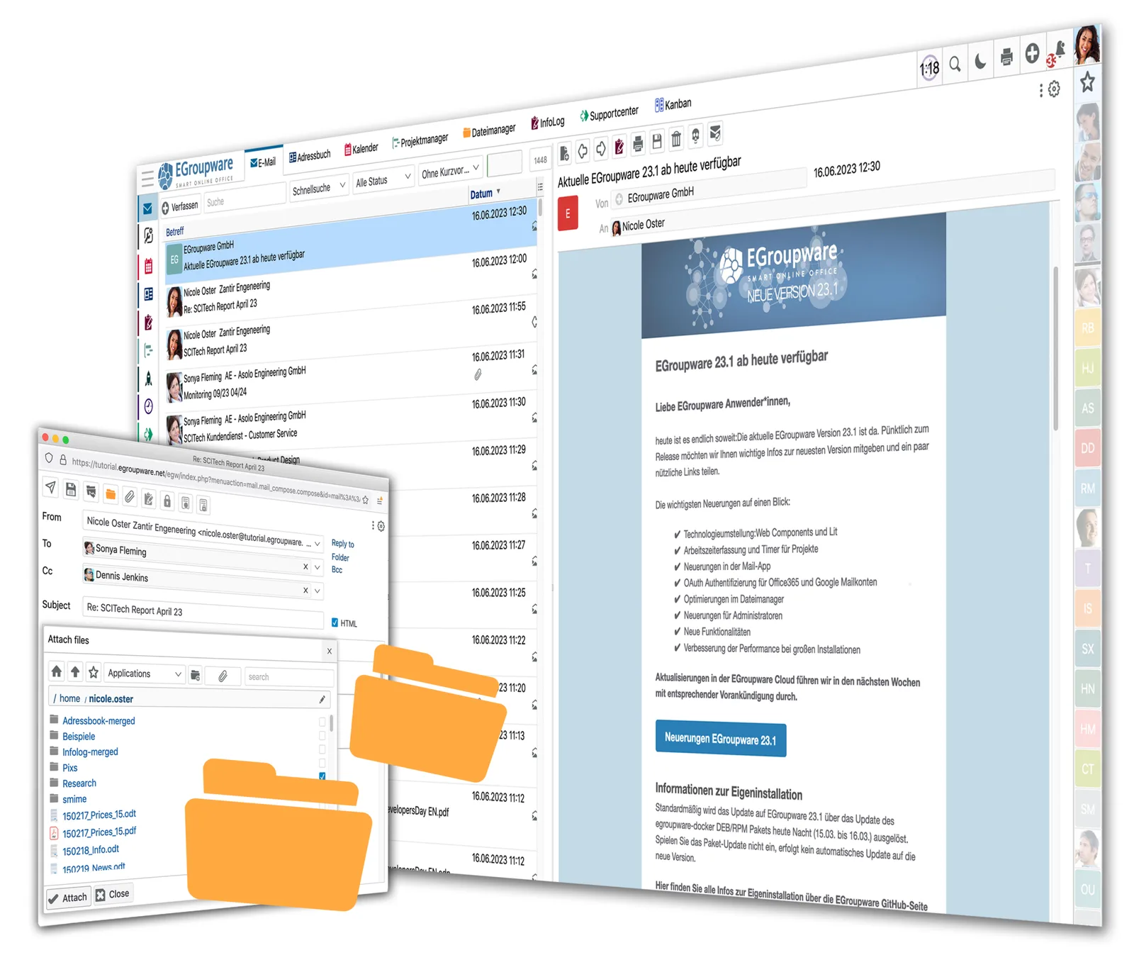 EGroupware Mail-App mit Dateianhängen-Dialog, Ordnerverwaltung und E-Mail-Verfassen-Bereich