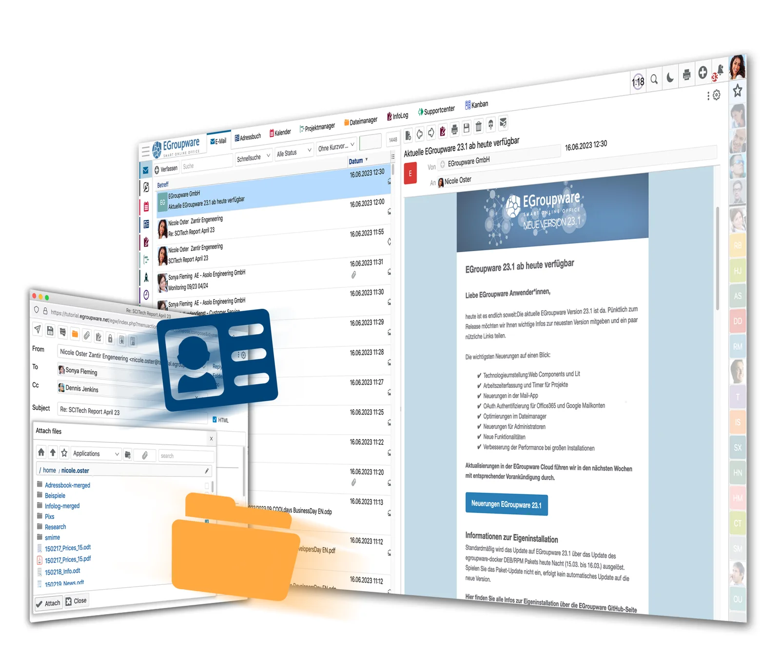 EGroupware Mail-App mit Dateimanager-Integration, E-Mail-Anhänge und Ordnerstruktur für Dateiverwaltung