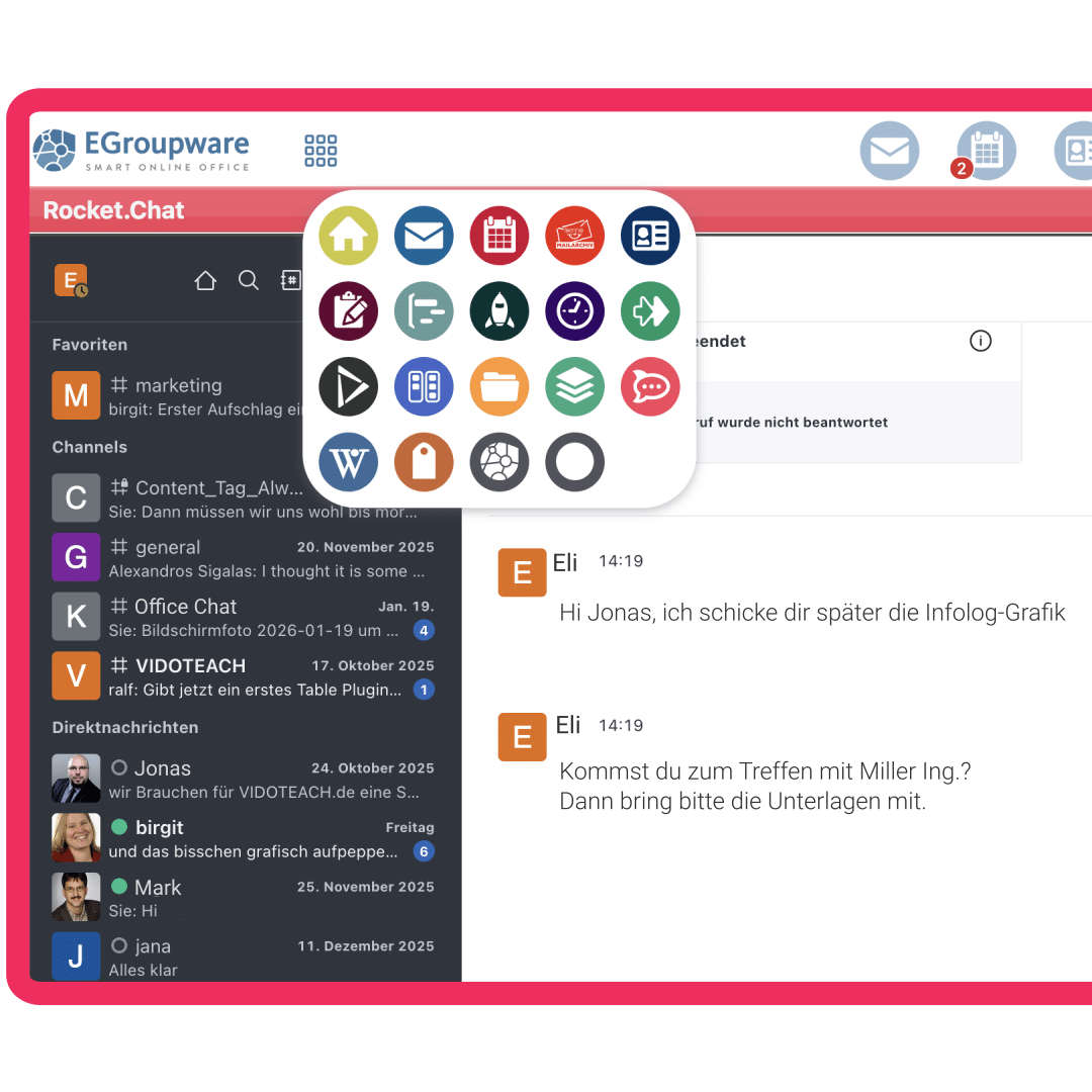 EGroupware mit Rocket.Chat Integration, App-Chooser zeigt verschiedene integrierte Anwendungen wie Mail, Kalender und Chat
