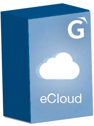 eCloud Produktbox von EGroupware mit G-Logo und Cloud-Symbol auf blauem Hintergrund