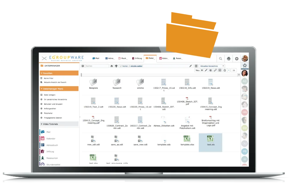 EGroupware EPL Business 10 – Installationspaket von EGroupware GmbH 6 Laptop mit EGroupware Dateimanager Benutzeroberfläche, Ordnerstruktur und Dateiverwaltung