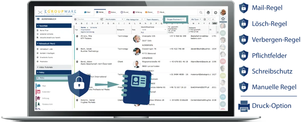 EGroupware Adressbuch-Screenshot mit Mail-Regel-Optionen und Sicherheits-Icon