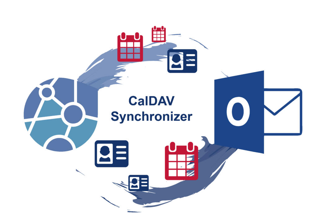 CalDAV Synchronizer Illustration mit EGroupware, Outlook und Kontakt-/Kalender-Symbolen