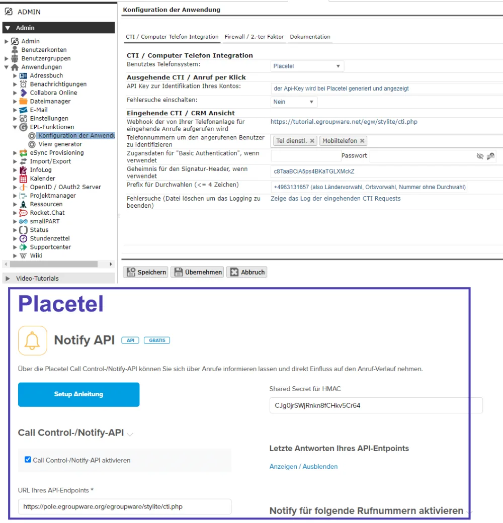 EGroupware Admin-Panel mit Placetel CTI Integration Konfiguration und Notify API Setup