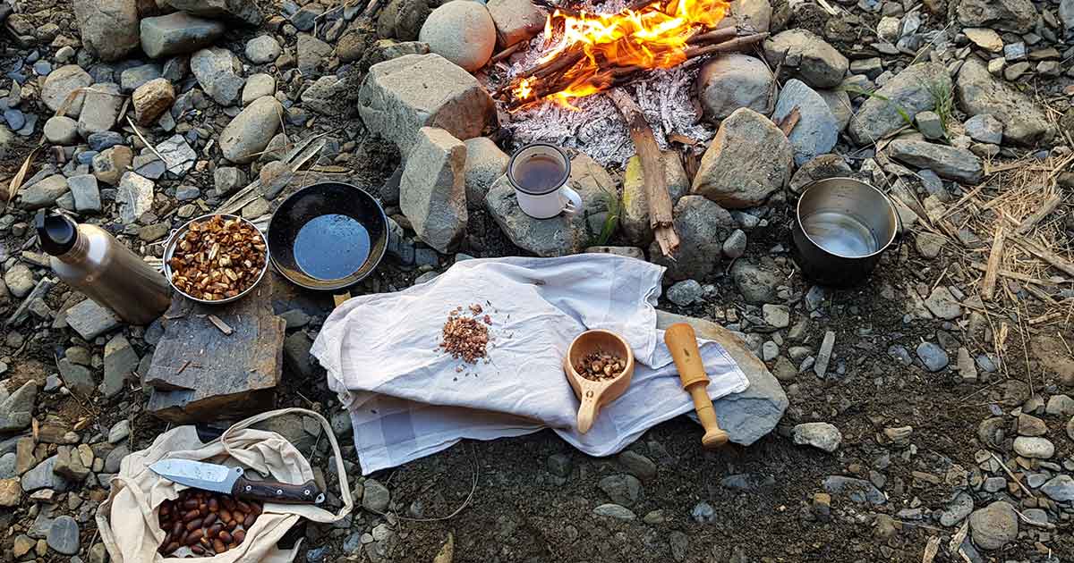Eicheln essen – Traditionelle Verarbeitung und Rezepte 6 Outdoor-Szenerie mit Feuer, Eicheln und Verarbeitungswerkzeugen am Lagerfeuer
