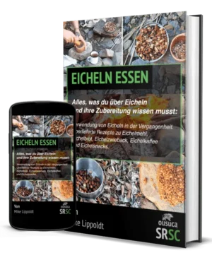 Buchcover und Smartphone-Mockup von Eicheln essen mit Fotos von Eichelverarbeitung