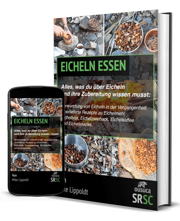 Eicheln essen – Traditionelle Verarbeitung und Rezepte 1 Buchcover und Smartphone-Mockup von Eicheln essen mit Fotos von Eichelverarbeitung