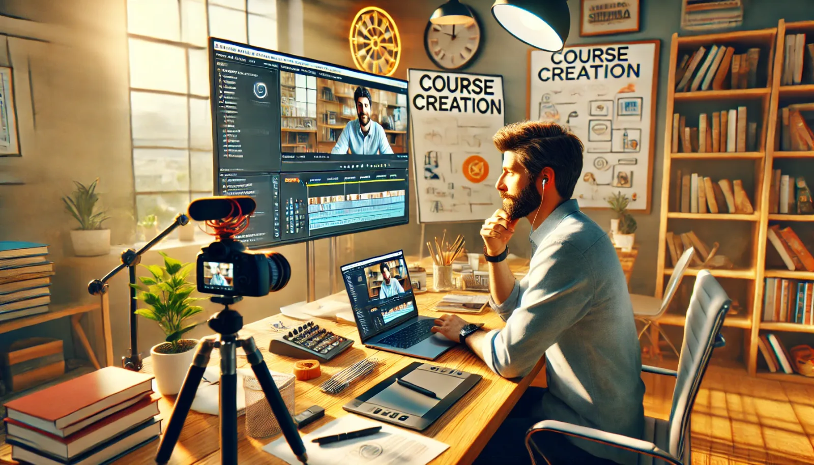 Mann am Schreibtisch mit Video-Editing-Software, Kamera und Mikrofon für Course Creation