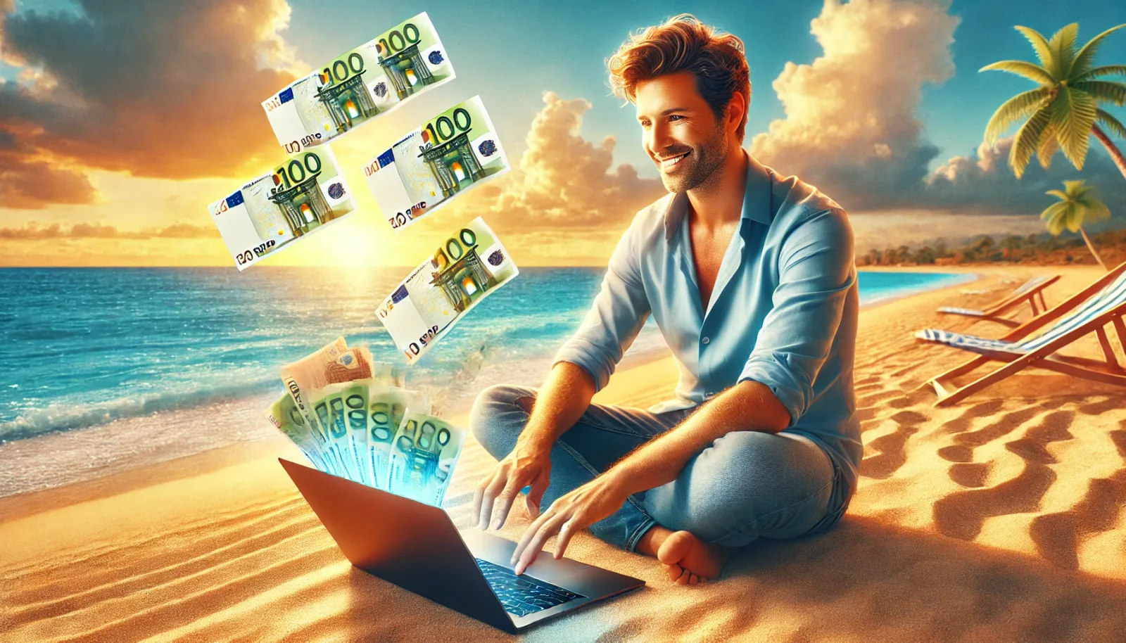 Mann am Strand mit Laptop und Geldscheinen, Mit Online Kursen Geld verdienen
