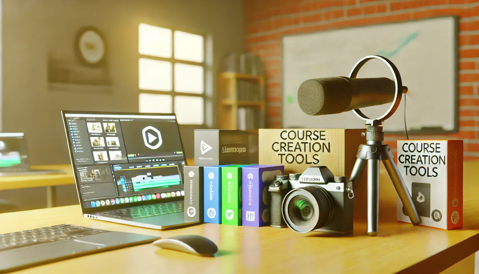 Schreibtisch mit Video-Editing-Software, Kamera, Mikrofon und Course Creation Tools Verpackungen