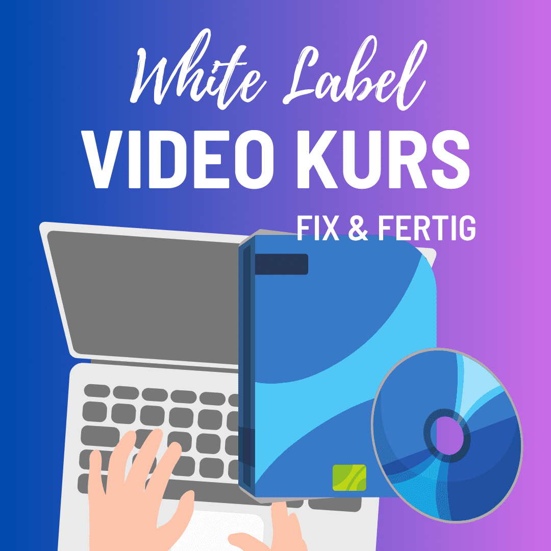 White Label Video Kurs Logo mit Laptop, DVD und Keyboard auf blau-violettem Hintergrund