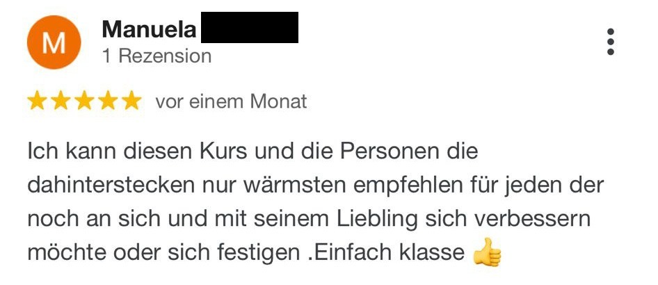 Ein gesundes Verlasspferd ist KEIN Zufall – Videokurse für Reiter 21 Kundenbewertung von Manuela mit 5 Sternen: Wärmste Empfehlung für Kurs und Personen zum Verbessern mit Pferd