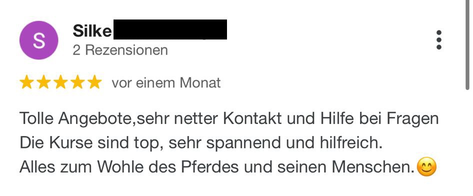 Ein gesundes Verlasspferd ist KEIN Zufall – Videokurse für Reiter 20 Kundenbewertung von Silke mit 5 Sternen: Tolle Angebote, netter Kontakt, spannende und hilfreiche Kurse