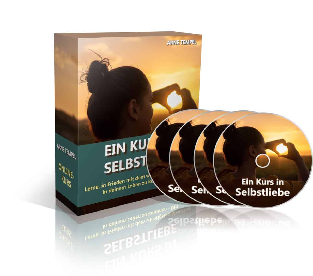 Produktmockup Ein Kurs in Selbstliebe mit Box, vier DVDs und Arne Tempel Branding