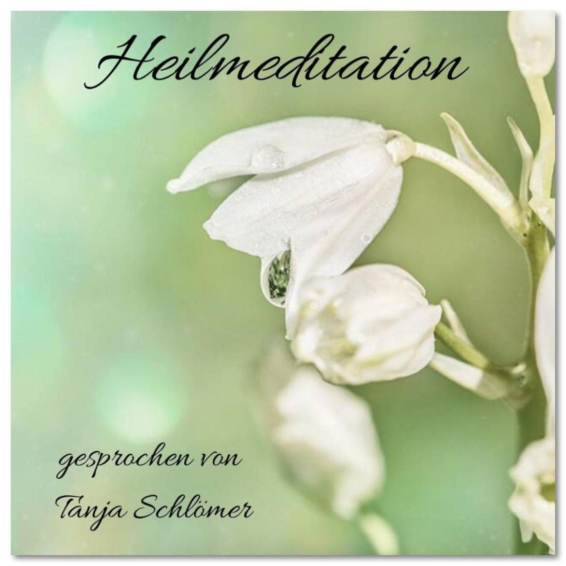 Heilmeditation Cover mit weißen Glockenblumen auf grünem Hintergrund, gesprochen von Tanja Schlömer