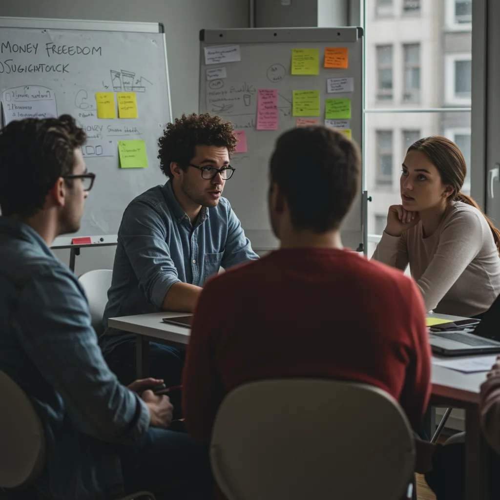 Geschäftsteam bei Meeting vor Whiteboard mit farbigen Notizzetteln und Flipchart