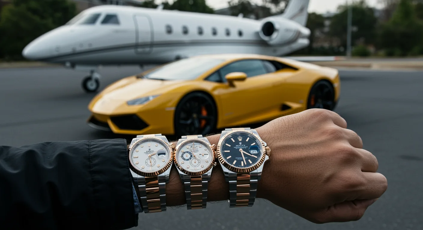Hand mit drei Luxusuhren, Privatjet und gelber Sportwagen im Hintergrund