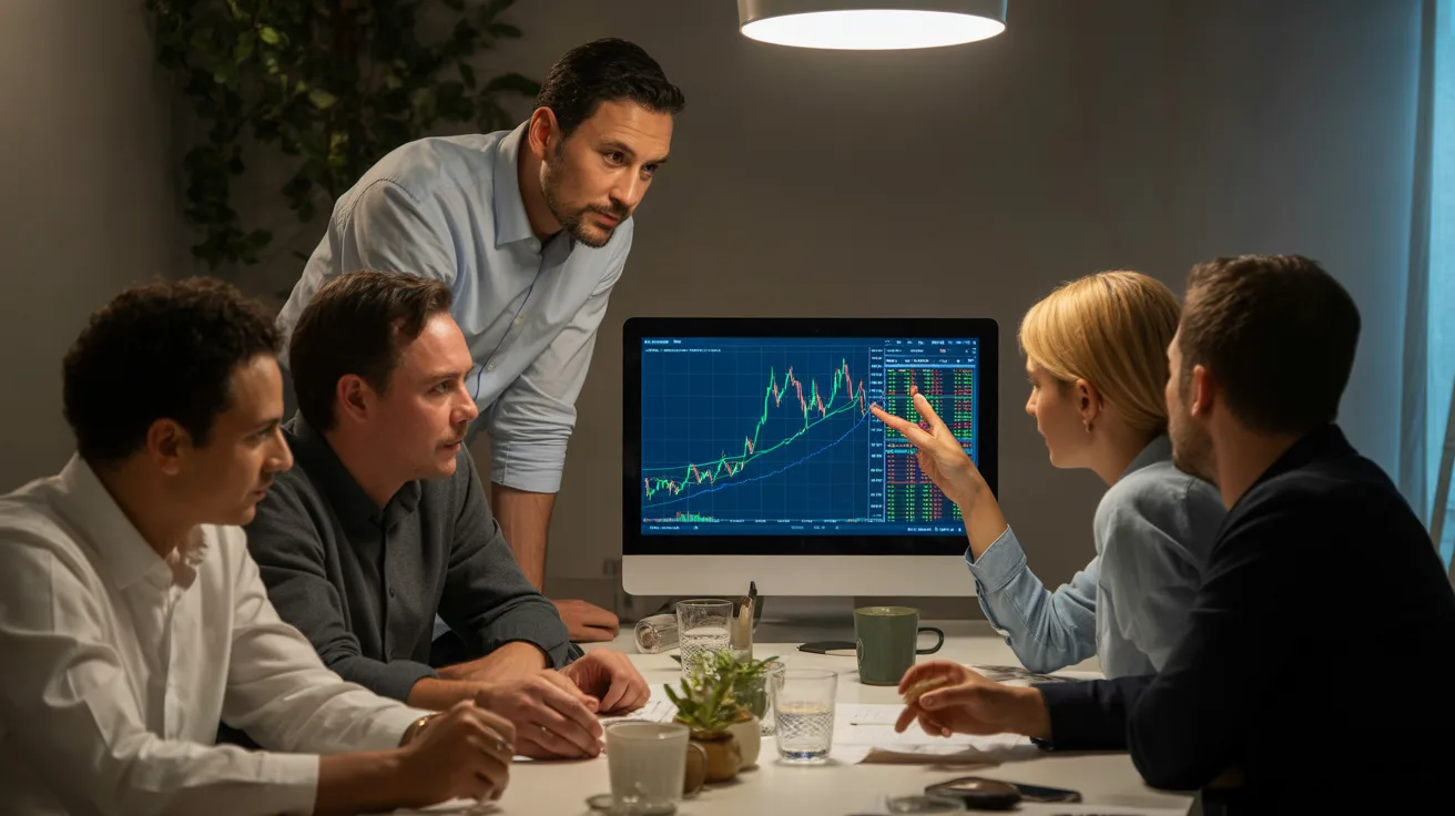 Geschäftsteam um Tisch mit Finanz-Dashboard auf Monitor, Frau zeigt auf Diagramm