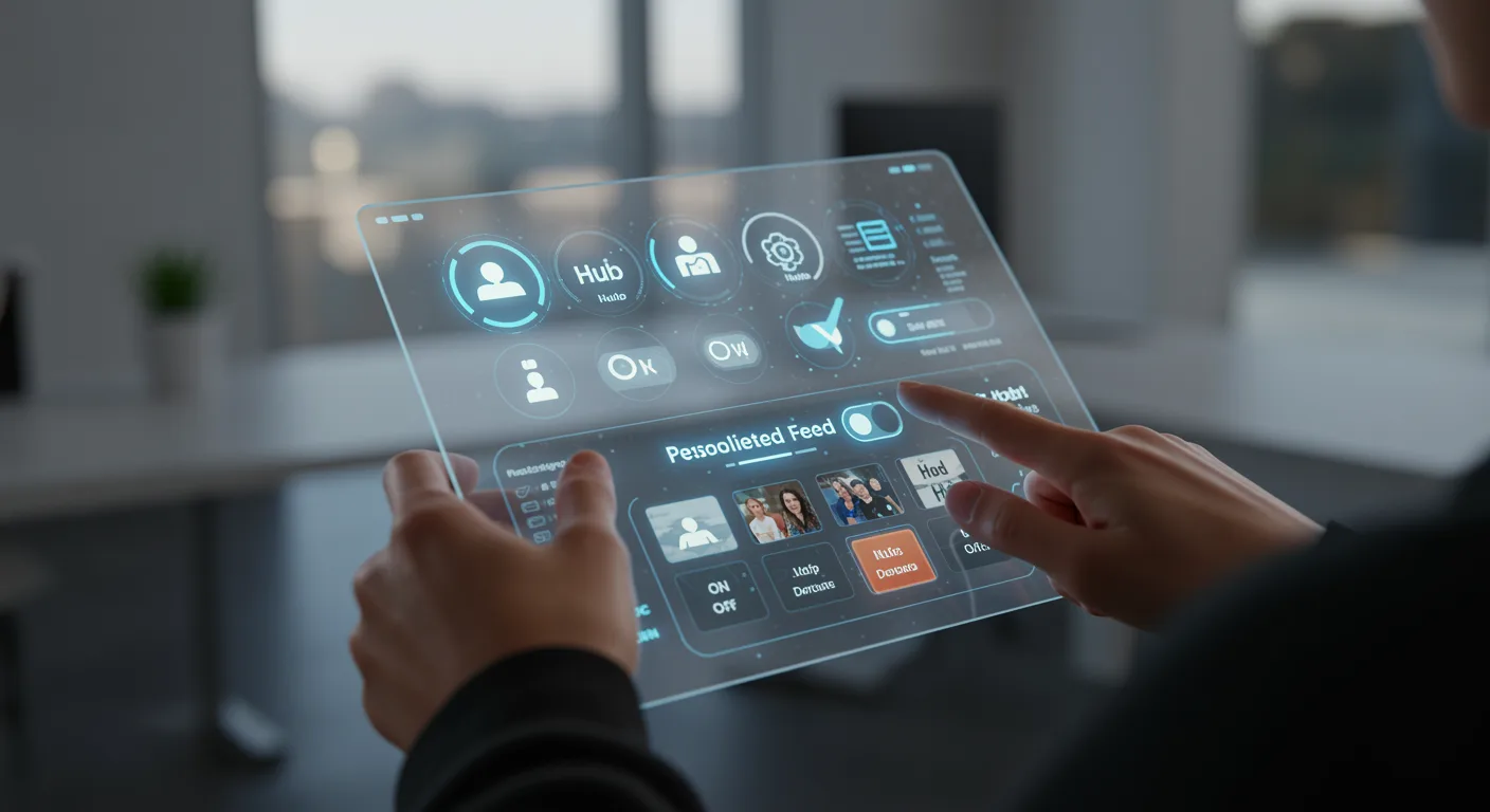 Hände bedienen holografisches Tablet mit Icons und Menüs in modernem Büro