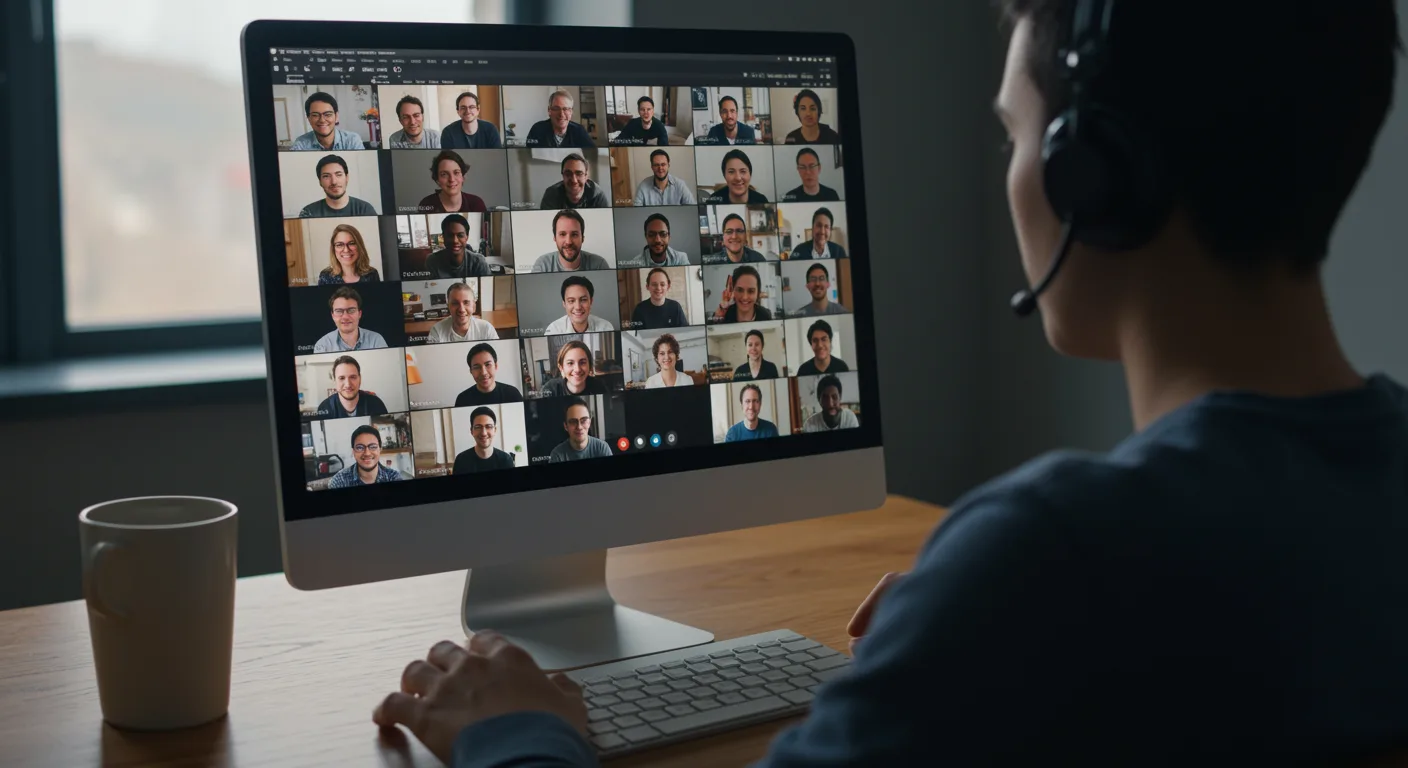 Person von hinten bei Videokonferenz mit vielen Teilnehmern auf Monitor-Bildschirm