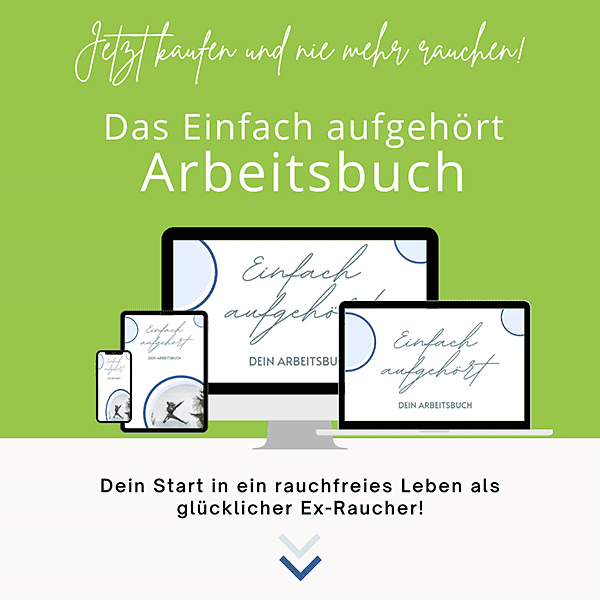 Hero-Mockup des Einfach aufgehört Arbeitsbuches auf verschiedenen Geräten mit grünem Hintergrund