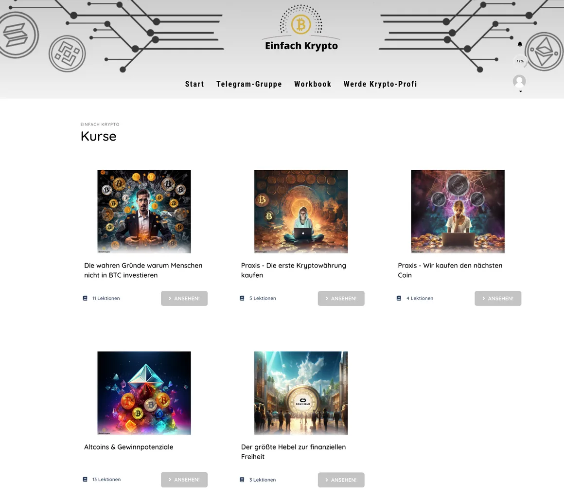Einfach Krypto Kursseite mit Header-Navigation, Bitcoin-Logo, vier Kurskacheln mit Titeln und Lektionsanzahl
