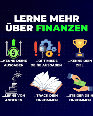 Infografik zum Thema Finanzbildung mit sechs Lernzielen und Icons auf dunkelblauem Hintergrund
