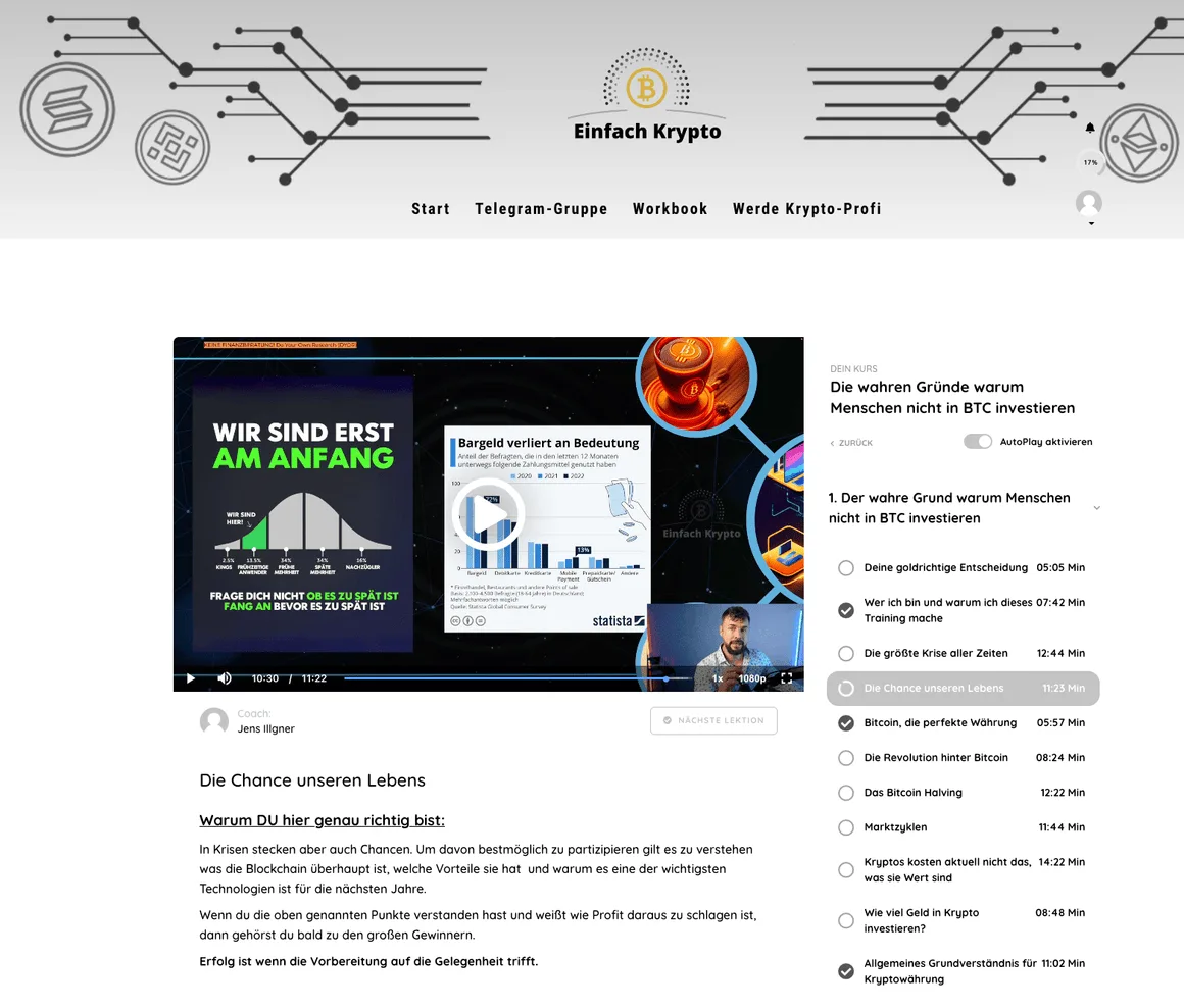 Videolektion-Seite mit Intro-Video, Lektionsliste rechts, Kurs-Fortschritt und Lektion vom Coach Jens Illgner