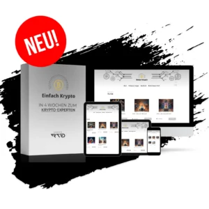 Produktpaket Einfach Krypto mit Mockup von Box, Desktop, Tablet und Smartphone, rotes NEU-Badge, schwarze Pinselstriche, RTG-