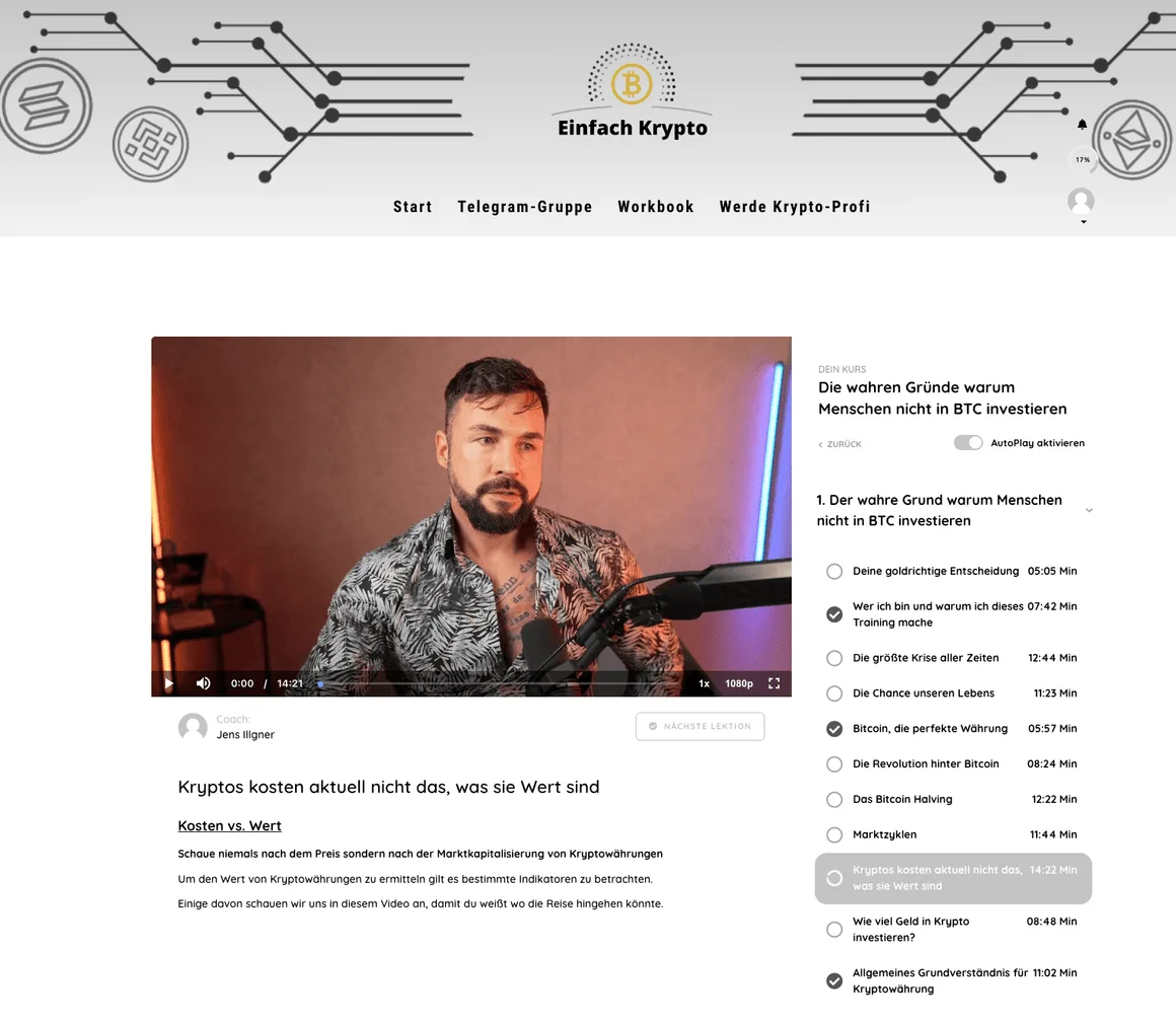 Videolektion mit Portrait des Coaches Jens Illgner vor farbigem Hintergrund, Lektionsliste und Kursinhalte