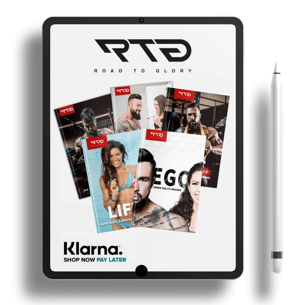 RTG Road to Glory 5er Sachbuch-Bundle mit Produktcovers auf Tablet mit Stift und hellem Hintergrund