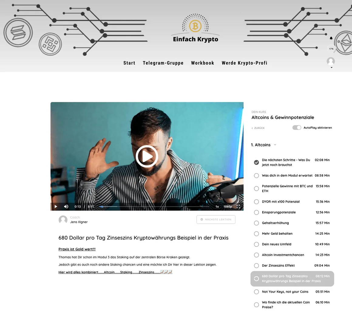 Videolektion mit Coach-Portrait und praktischem Beispiel zum Staking und Kryptowährungen