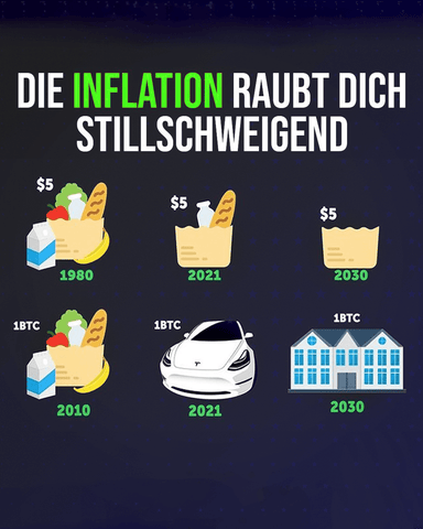Infografik über Inflation mit Vergleichen der Kaufkraft von 5 Dollar und 1 Bitcoin über Zeit