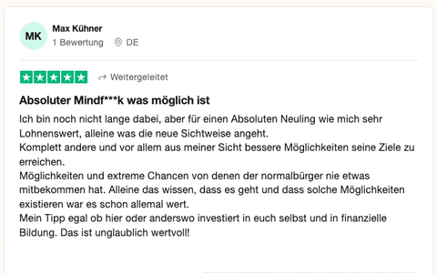 5-Sterne-Bewertung von Max Kühner zur Einfach Krypto Erfahrung mit positivem Testimonial