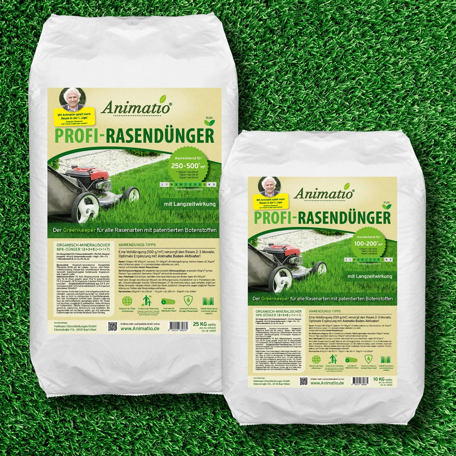 Einfach unkrautfrei – Unkraut im Rasen erfolgreich entfernen 3 Animatio Profi-Rasendünger 25kg und 10kg Sack auf grünem Rasen
