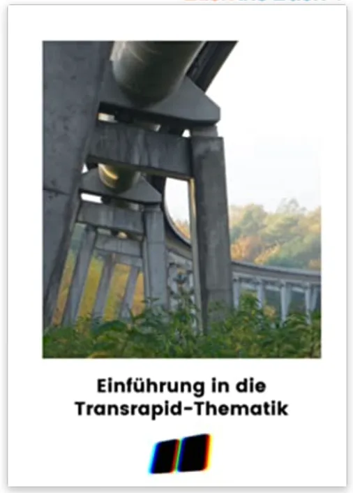 Cover des E-Books Einführung in die Transrapid-Thematik von David Harder mit Foto einer Magnetbahn-Infrastruktur