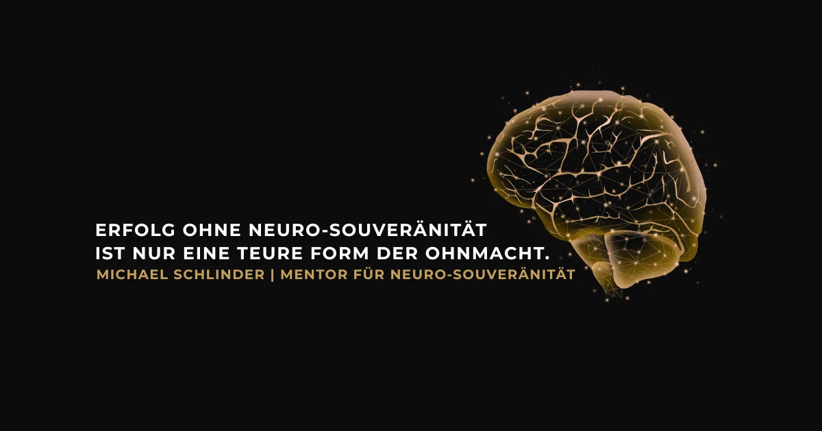 Dunkelblauer Hintergrund mit goldener Glühbirn-Grafik und Zitat über Neuro-Souveränität mit Michael Schlinder Nennung