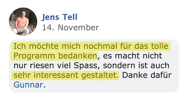 Kundenstimme von Jens Tell vom 14. November über das Programm von Gunnar
