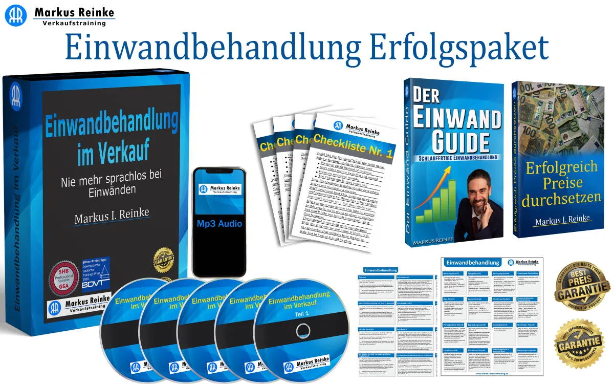 Einwandbehandlung Erfolgspaket mit allen Komponenten: Buch, DVDs, Checklisten, Mp3 Audio, Guides und Zertifikate