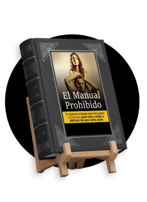 E-Book-Cover mit schwarzem Lederoptik-Buch auf Holzständer, Titel El Manual Prohibido mit Paarfoto