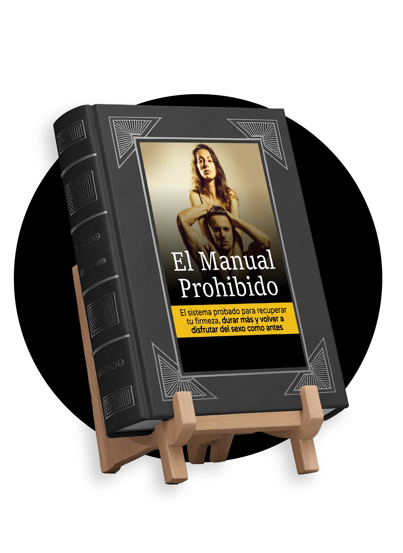 E-Book-Cover mit schwarzem Lederoptik-Buch auf Holzständer, Titel El Manual Prohibido mit Paarfoto