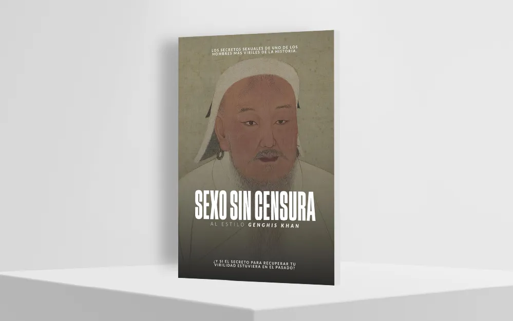 Produktmockup eines Buches mit Porträt und Titel Sexo Sin Censura auf weißem Untergrund in beige-grüner Farbgestaltung