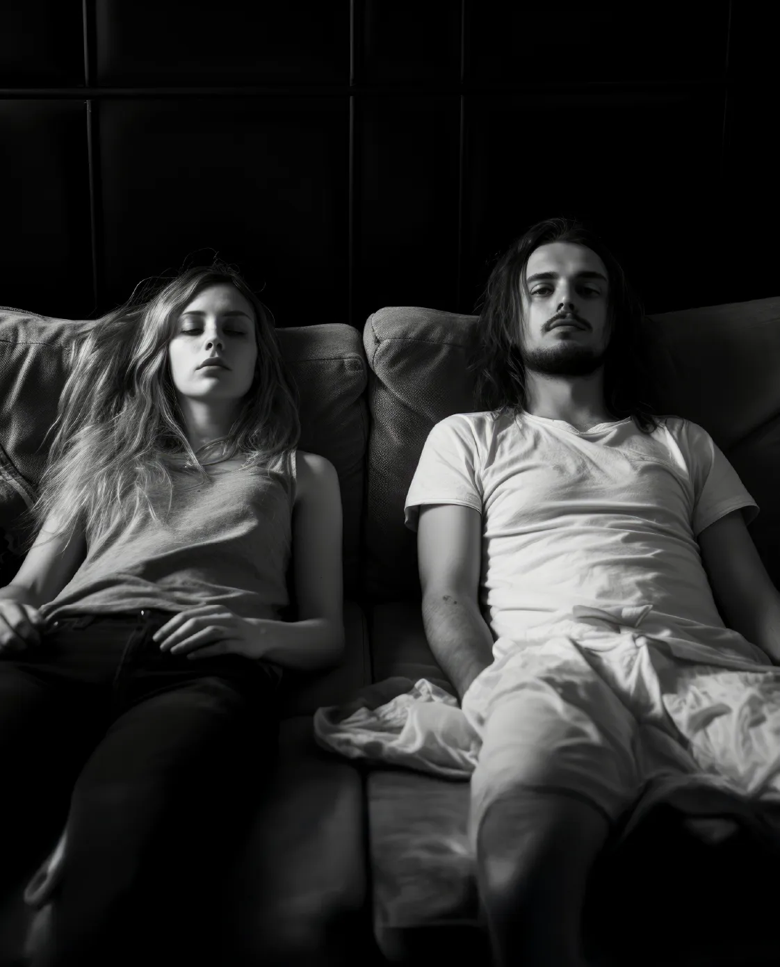 Schwarzweiß-Fotografie eines Paares auf einem Sofa, das sich voneinander abwendet und emotionale Distanz zeigt