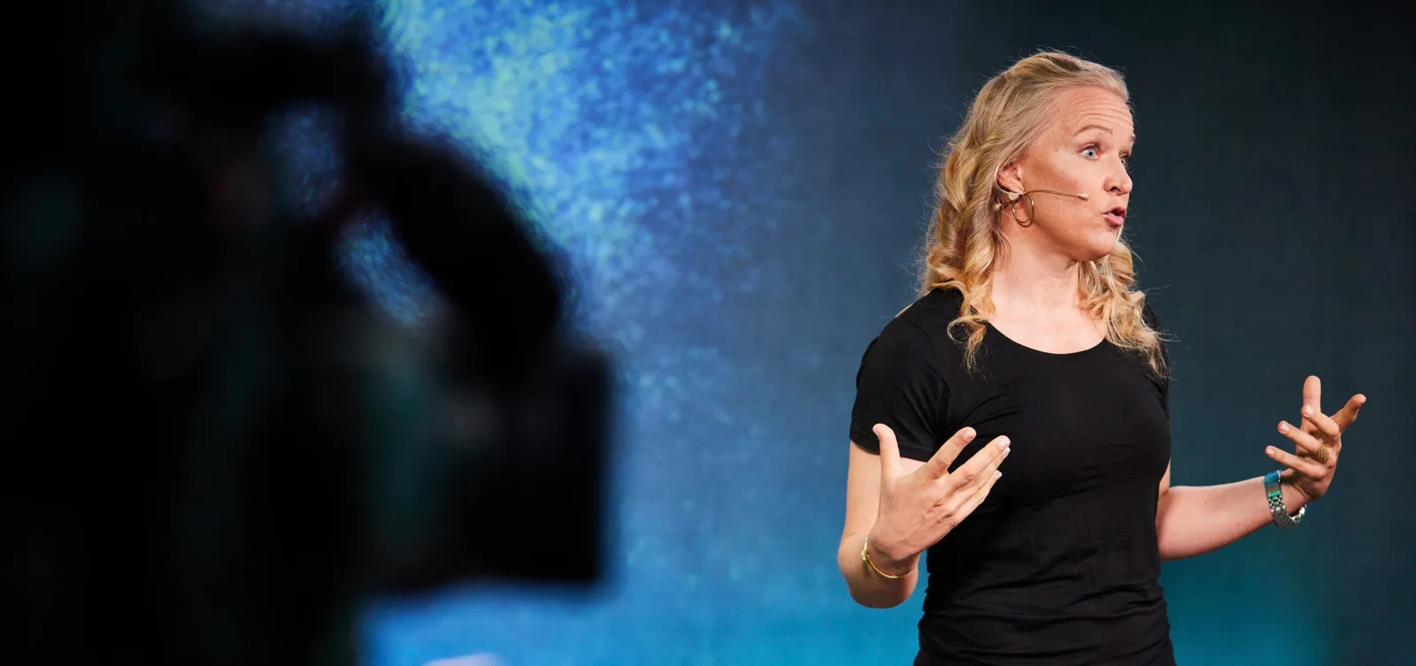 Autorin Wienke Ursula Schulenburg bei einer Präsentation vor blauem Hintergrund