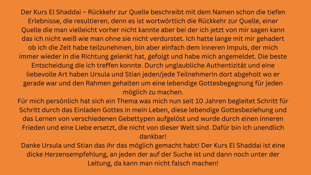 Testimonial-Text auf orangem Hintergrund über den El Shaddai Kurs