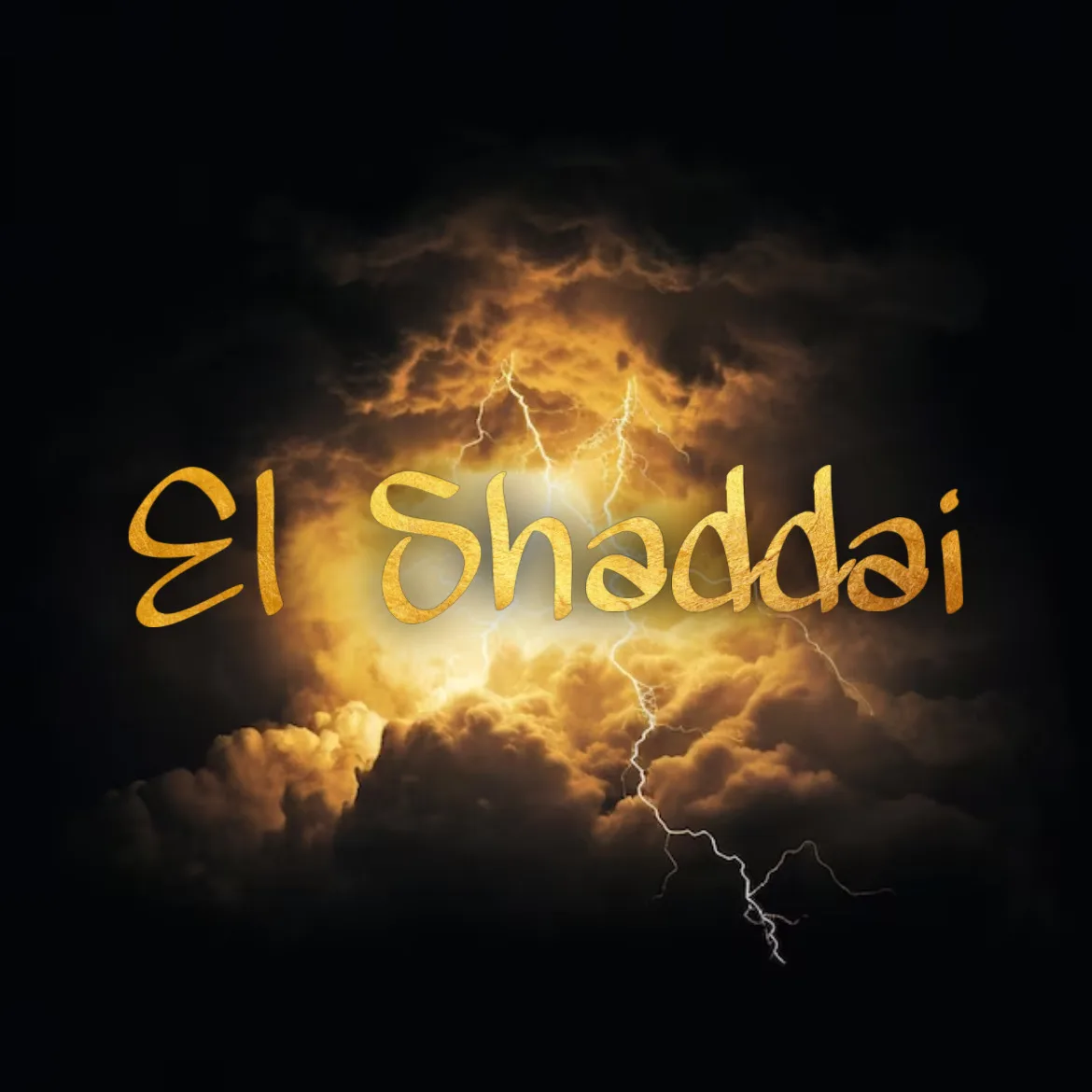 Logo El Shaddai mit goldener Schrift und Blitzschlägen vor dunklem Himmel