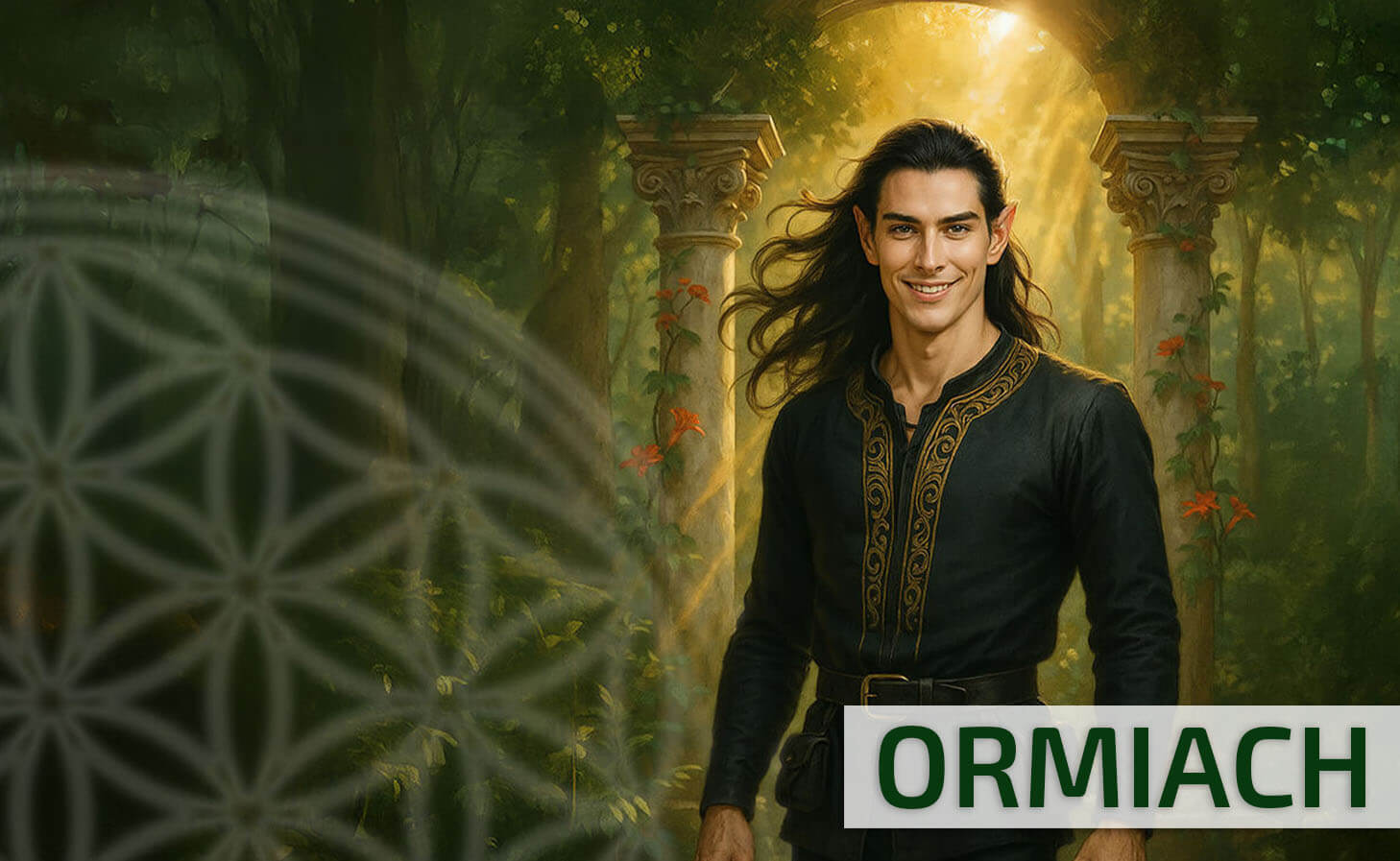 Ormiach Elf-Charakter in schwarzem Gewand mit goldenen Verzierungen in antiker Waldkulisse