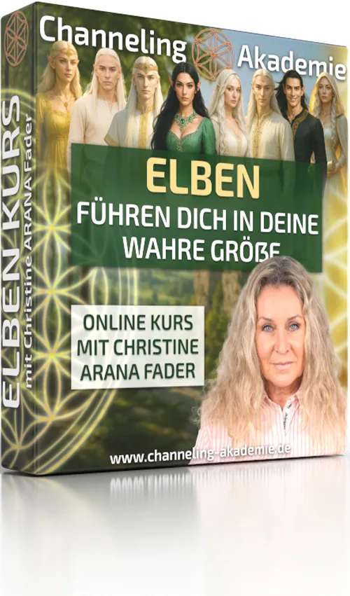 ELBEN Kurs Produktverpackung mit Elf-Charakteren, Kursttitel und Christine Arana Fader Portrait